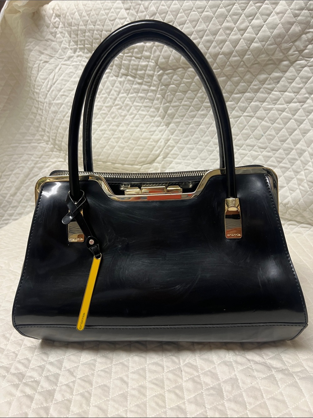 Black Patent Structured Shoulder Satchel with Gold Hardware
